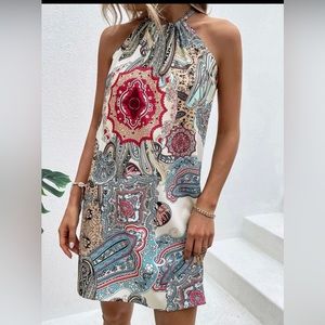 NWOT SHEIN boho paisley print keyhole back sheath dress size L.
